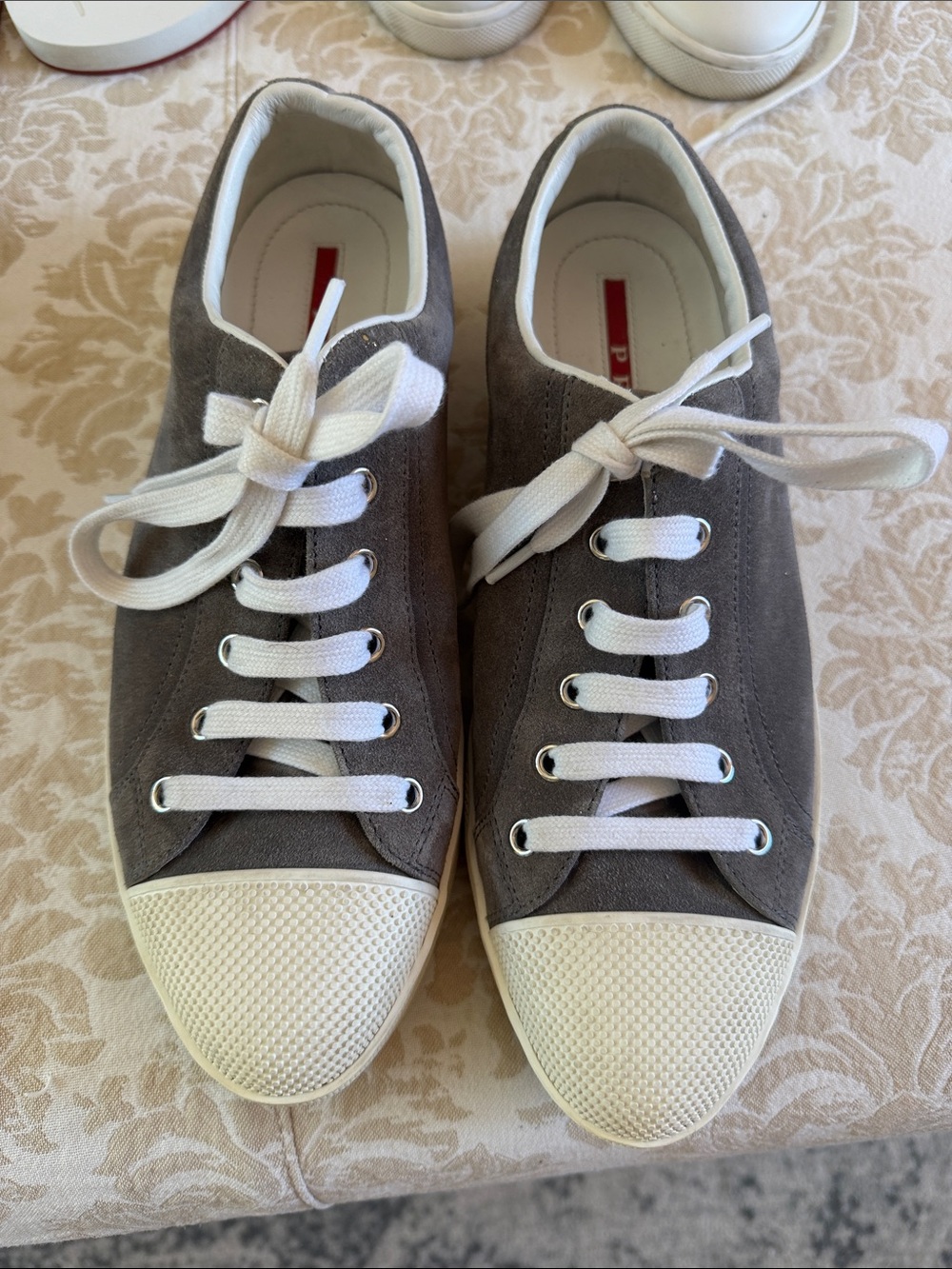 Prada Gray Suede Low-Top Sneakers with White Laces